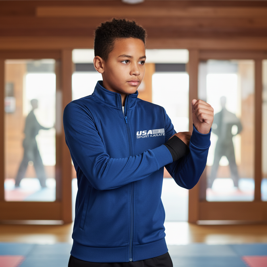 Youth Warm Up Jacket - All Blue with USA Sport Karate Logo